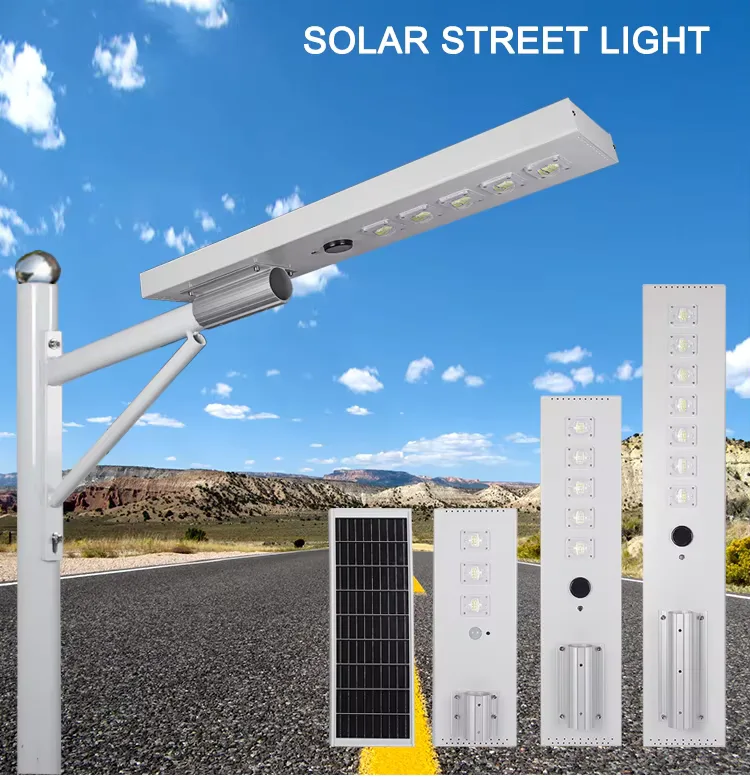 LY Series Solar Street Light — product detail 1/7 · IP66 dusk-to-dawn solar street light, 4-7 m pole, SMD 5050 42-98 LED, 5V/25-45W panel