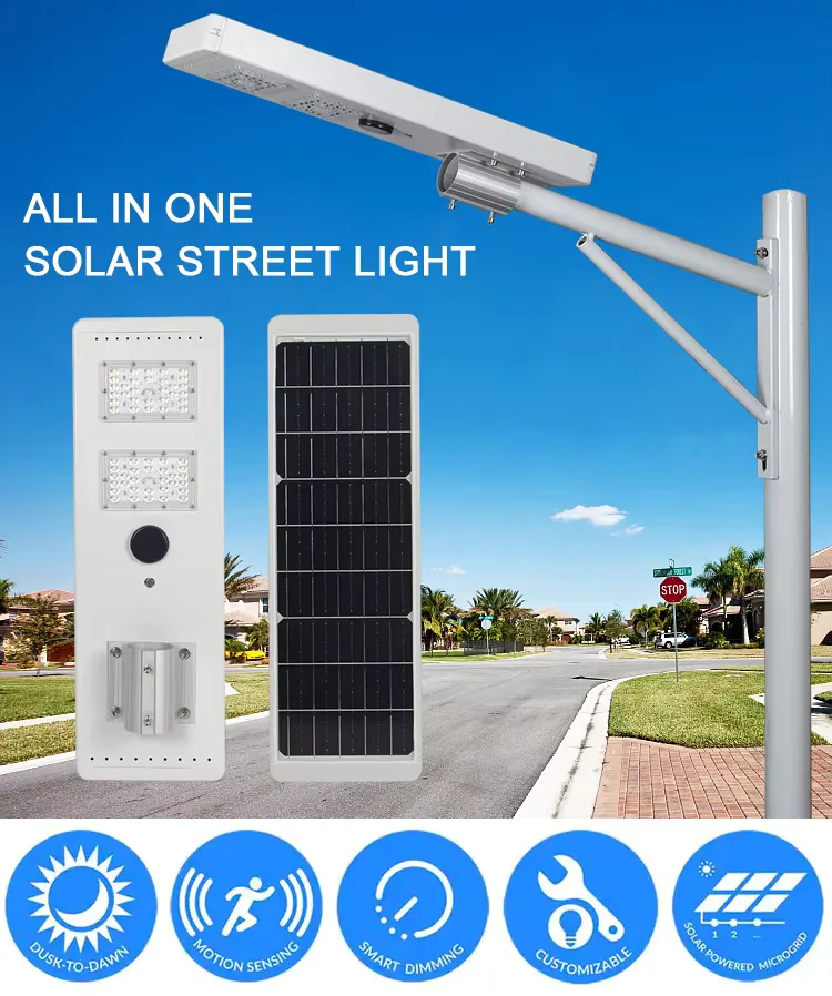 LY30 Series Solar Street Light — product detail 1/10 · IP66 dusk-to-dawn solar street light, 4-7 m pole, SMD 3030 60-120 LED, 5V/25-45W panel