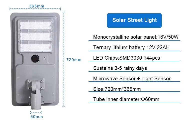T2 Series Solar Street Light — product detail 8/9 · IP66 smart solar street light, 5-8 m pole, SMD 3535/3030 96-192 LED, 5V/50-80W panel