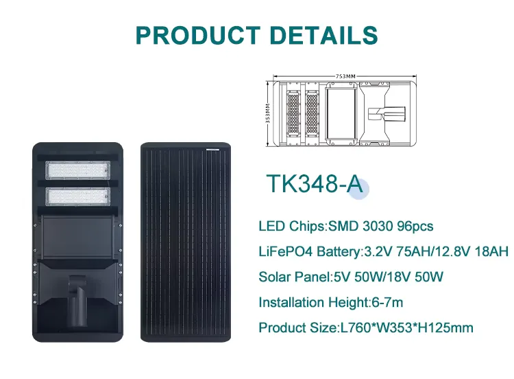 TK408 Series Solar Street Light — product detail 6/10 · IP66 all-in-one solar street light, 8-12 m pole, SMD 3030 60-120 LED, 15V/80-150W panel