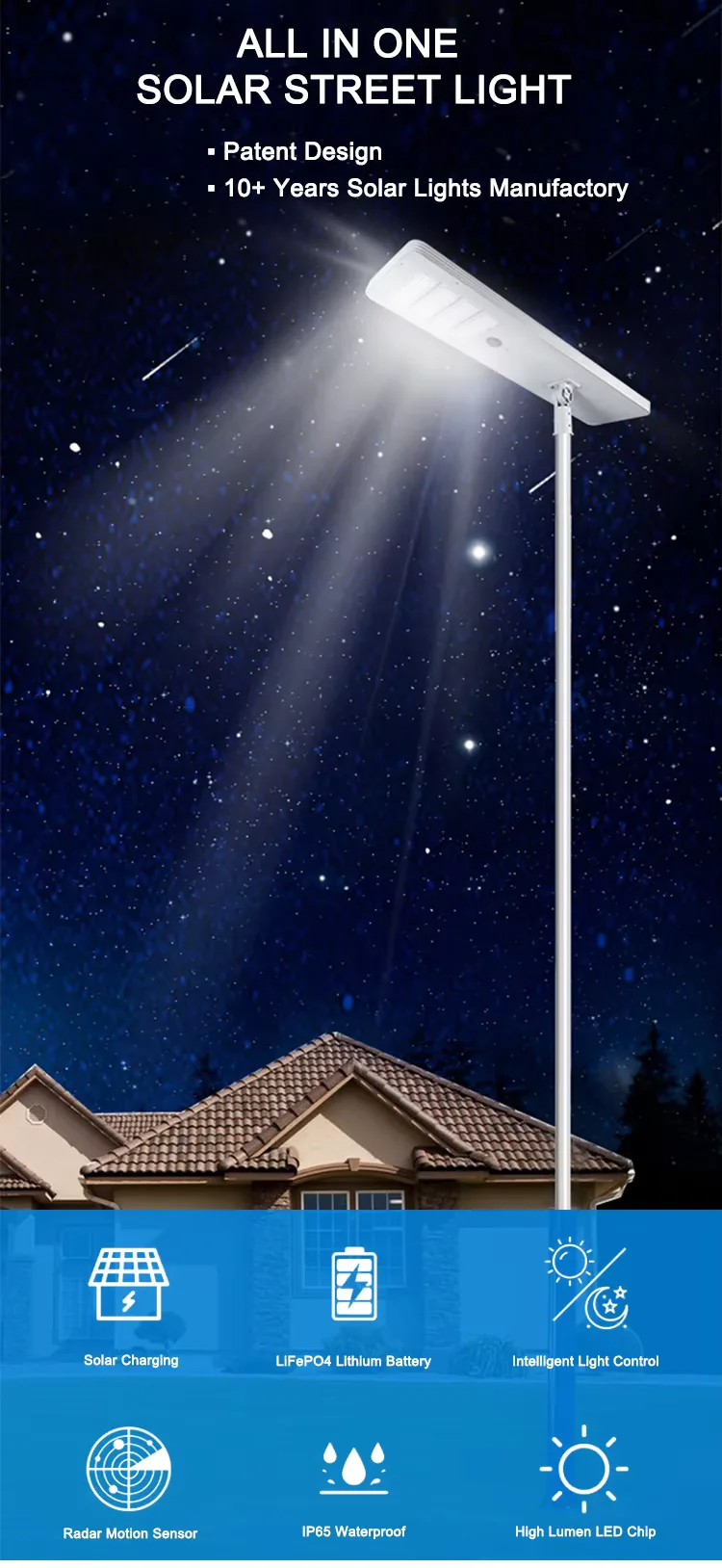 TR348 Series Solar Street Light — product detail 1/10 · IP66 all-in-one solar street light, 6-9 m pole, SMD 3030 144-192 LED, 5V/40-80W panel
